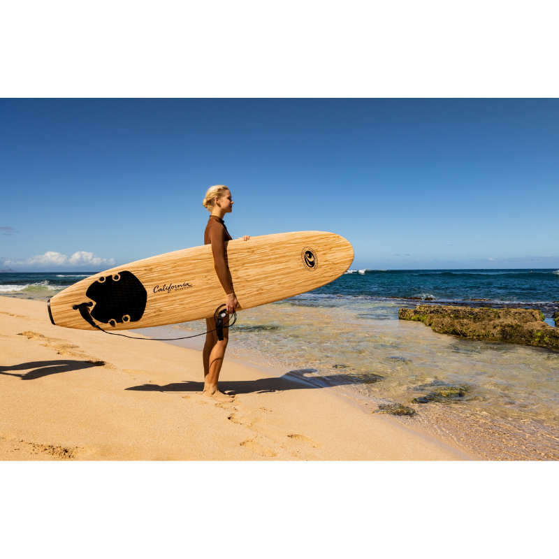 Girl with Wood Graphic Foam Surfboard 