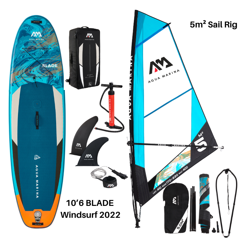 Aqua Marina 10’6″ Blade Windsurf 2022 Inflatable Paddle Board SUP + 5m²  Sail Rig Package